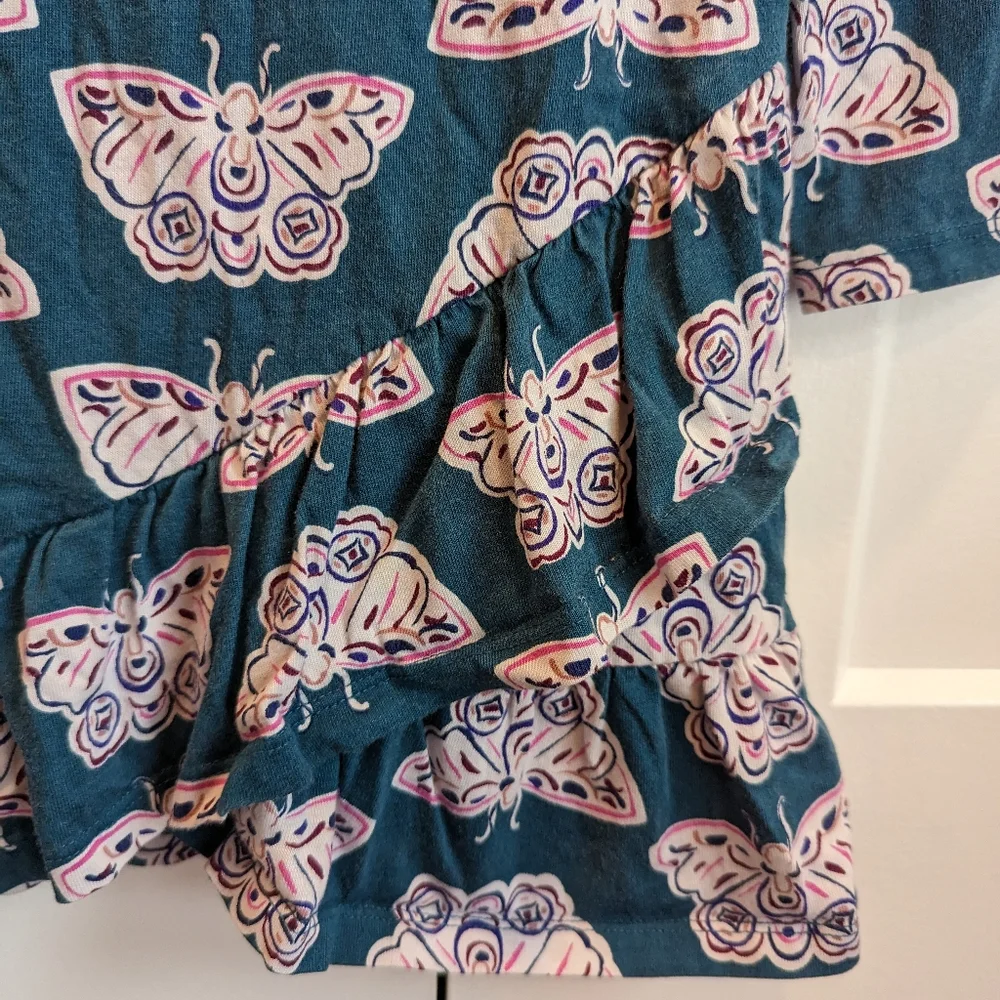 TEA butterfly print ruffle hem long sleeve dress size 6